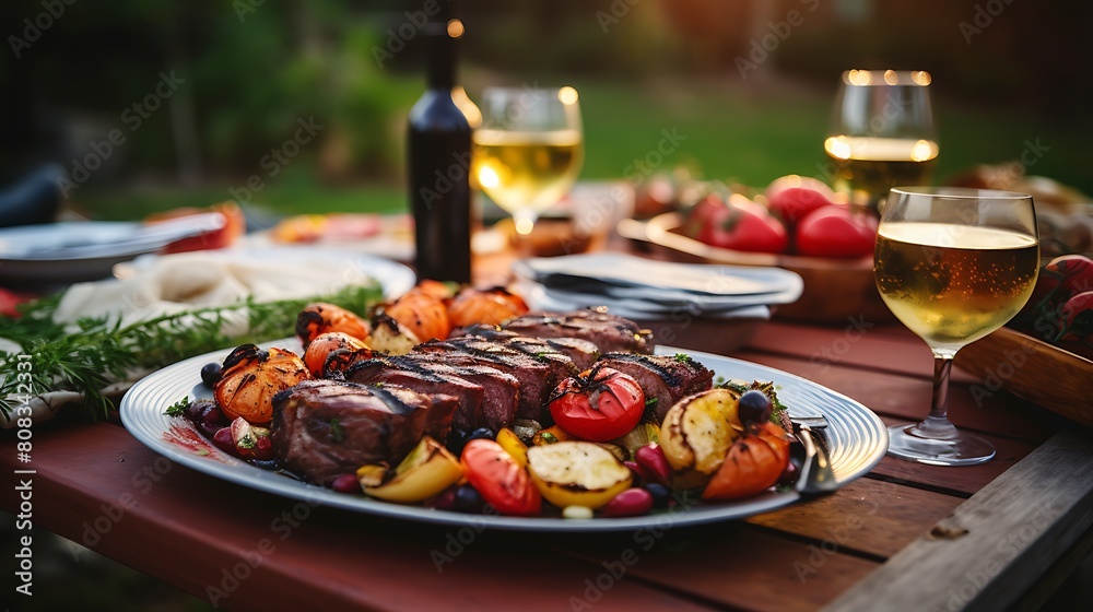 Backyard dinner table have a tasty grilled BBQ meat, Salads and wine with happy joyful people on background Backyard dinner table have a tasty grilled BBQ meat, Salads and wine with happy joyful people on background