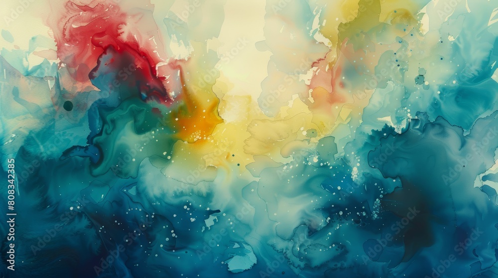 Abstract watercolor background with blue, yellow and red splashes