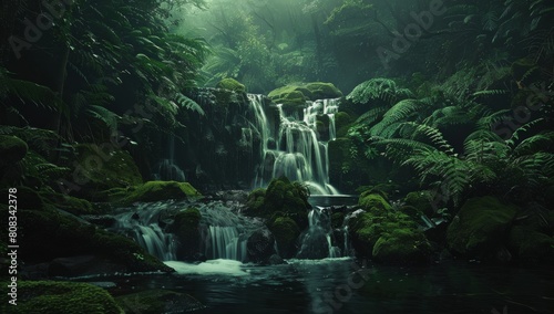 Cinematic photo of a waterfall in a rainforest  with mossy rocks and ferns 