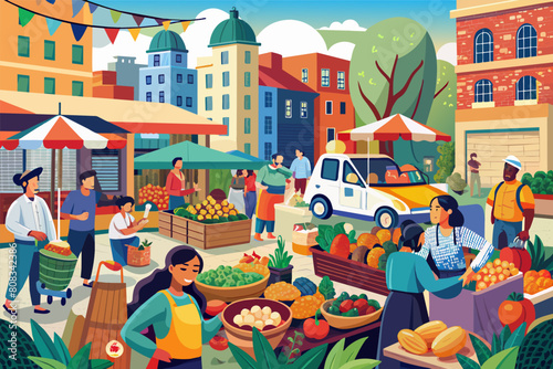 Illustration of a vibrant outdoor market scene with diverse people buying and selling fruits and vegetables, surrounded by colorful buildings and decorated with festive string lights.