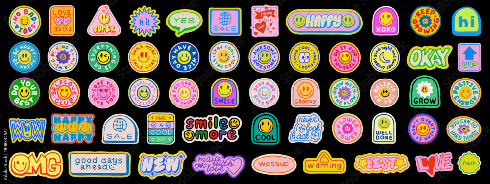 Cool Hand Drawn Y2k Stickers Set. Collection Of Sketched Groovy Smile Patches. Pop Art Funny Badges.