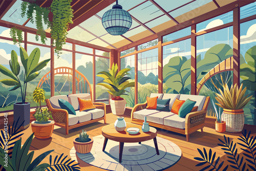 Bright and cozy sunroom filled with lush plants, featuring comfortable sofas, a wooden coffee table, and large windows offering a view of a garden.