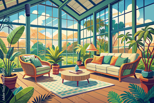 Bright and cozy sunroom filled with lush plants, featuring comfortable sofas, a wooden coffee table, and large windows offering a view of a garden.