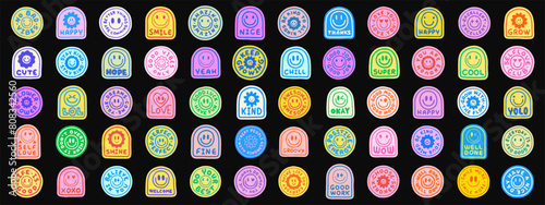 Cool Hand Drawn Retro Stickers Vector Design. Set Of Y2k Patches Pop Art Style. Smile Emoticon Funny Badges.