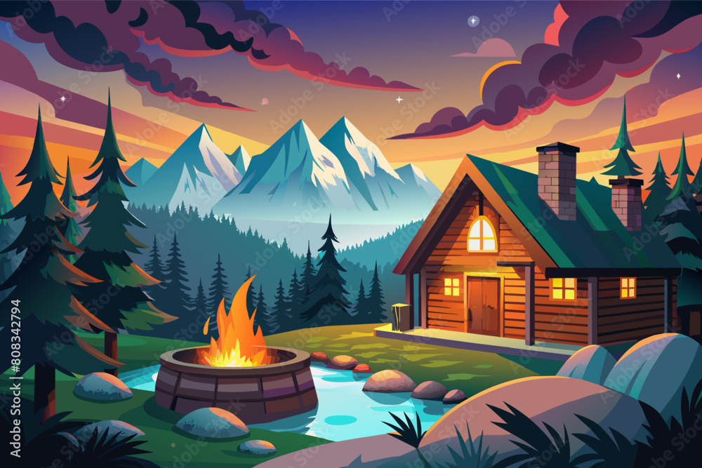 Illustration of a scenic mountain landscape at dusk featuring a cozy wooden cabin with a smoking chimney, surrounded by pine trees, a tranquil pond, and a small campfire.
