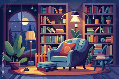 Cozy reading nook with a plush armchair, a large bookshelf filled with books, a floor lamp, and a standing desk lamp, beside a potted plant and a small side table in a dimly lit room.
