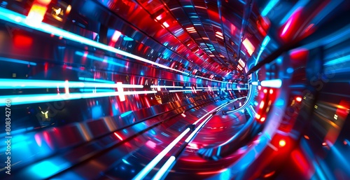 A futuristic tunnel with red and blue lights.