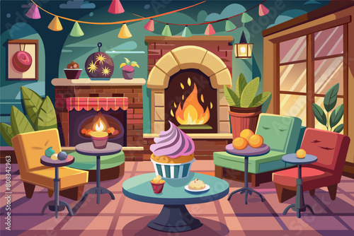Cozy patio setting at night with a vibrant, oversized cupcake and tea on a round table, flanked by colorful armchairs, near a brick fireplace and under hanging decorative lights and greenery.