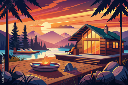 Illustration sunset view at a lake cabin with mountains in the background, featuring a warm fire pit near the water, a wooden cabin with illuminated windows