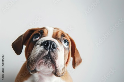 adorable english bulldog puppy gazing upwards with curious expression animal photography © furyon