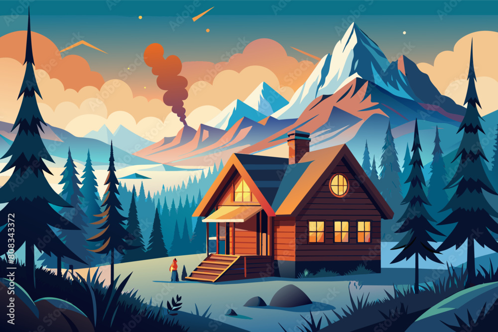 Illustration cabin with a lit chimney in a mountainous, forested landscape at twilight. campfire in the foreground and snow-capped mountains in the background under a starry sky with a comet visible. Illustration cabin with a lit chimney in a mountainous, forested landscape at twilight. campfire in the foreground and snow-capped mountains in the background under a starry sky with a comet visible.