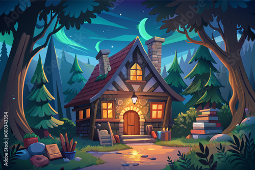 Illustration of a cozy, Tudor-style cottage in a forest at night, with a glowing campfire in the foreground and a crescent moon in the sky.