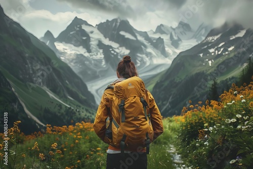 adventurous woman with backpack hiking through majestic mountains inspiring landscape photography