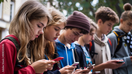 Group of teenagerr using smart phones for a school task education or class trip outside and smile	