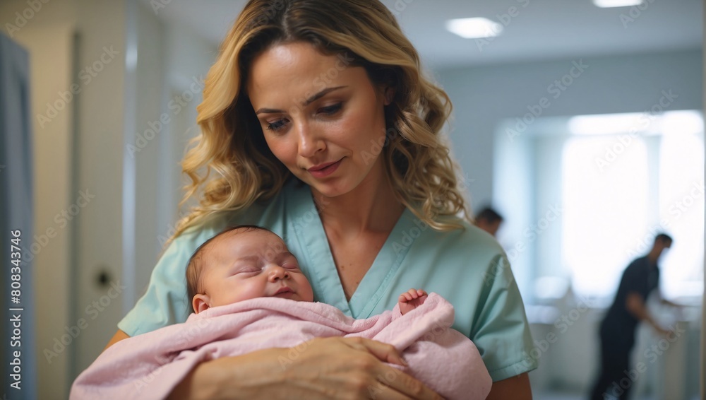 Birthing center. Newborn baby in hospital. Beautiful young nurse in scrub holding newborn baby girl wrapped in pink blanket. Medical workers in hospital. In maternity ward of hospital after childbirth Birthing center. Newborn baby in hospital. Beautiful young nurse in scrub holding newborn baby girl wrapped in pink blanket. Medical workers in hospital. In maternity ward of hospital after childbirth