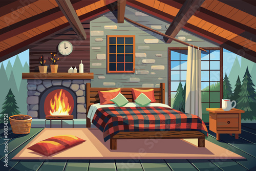 Cozy log cabin interior with a warm fireplace, checkered bedspread on a bed, firewood stacked above the hearth, and a window showing a mountain view.