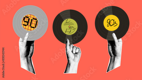 Hands holding vintage vinyl records. Retro pop art illustration with halftone effect.