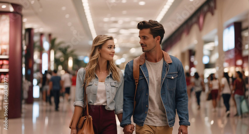 Couple in love shopping: hand in hand, enjoying selection in shopping center, creating unique moments of joy, joint discovery. Young couple walks through mall while shopping. Happy man and woman