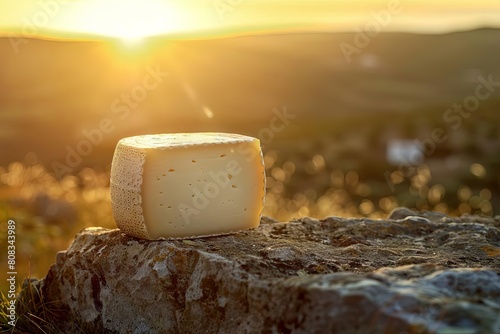 artisanal portuguese serra da estrela sheeps milk cheese presented on a rustic stone in golden sunlight food photography photo