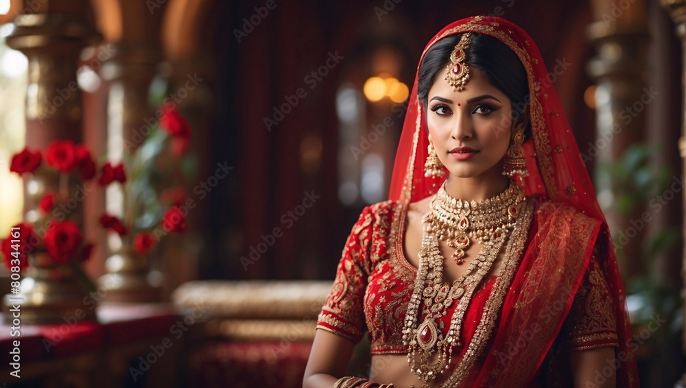 Enchanting Indian bride, clad in crimson garments and bedecked with elaborate golden ornaments, emanates ageless grace and cultural grandeur, epitomizing elegance and beauty from the East. Red saree