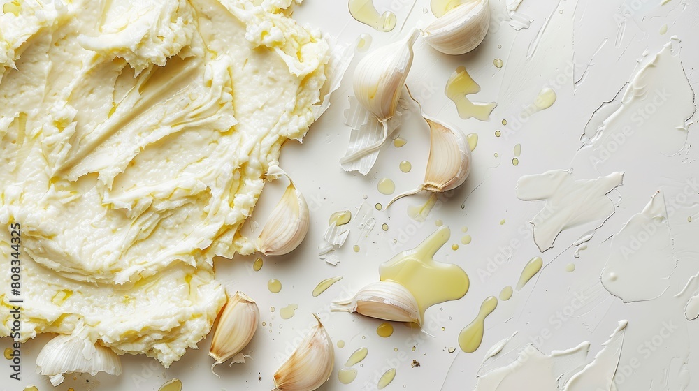 A top view of crushed garlic spread artistically, showcasing the pungent texture and natural oils on a clean white background A top view of crushed garlic spread artistically, showcasing the pungent texture and natural oils on a clean white background