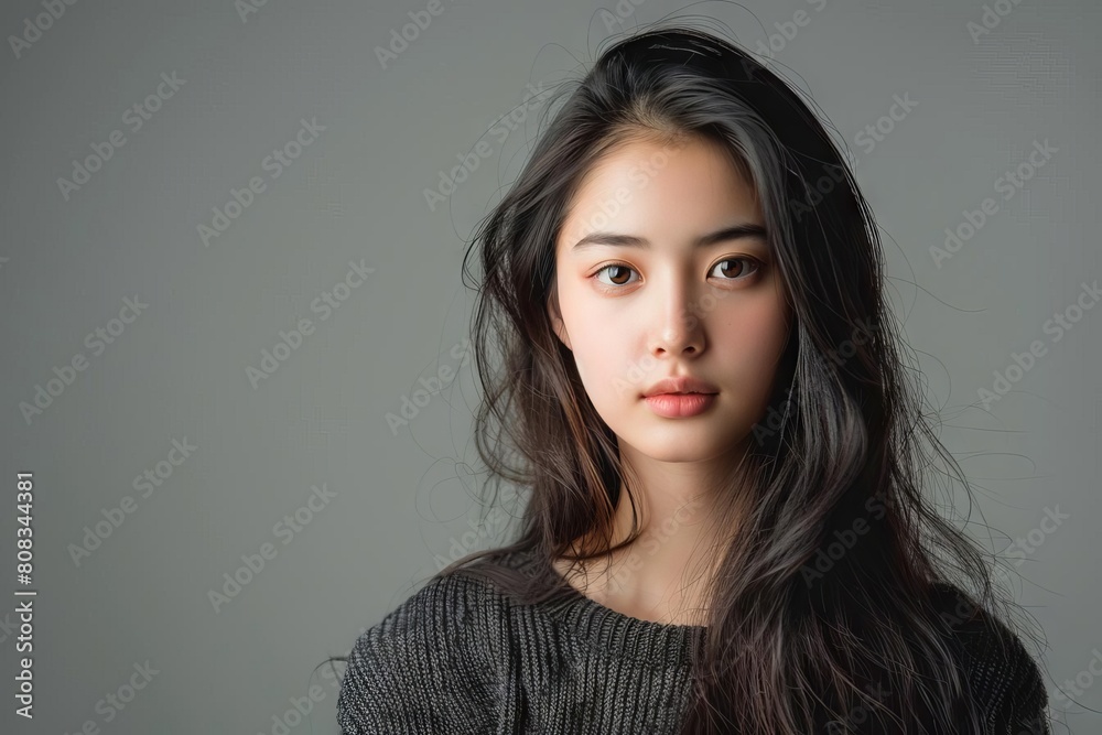 beautiful studio portrait of stylish young asian woman with long hair and confident gaze beautiful studio portrait of stylish young asian woman with long hair and confident gaze