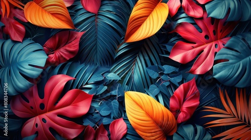 Beautiful tropical wallpaper with palm leaves juicy dark colorful © Art Wall