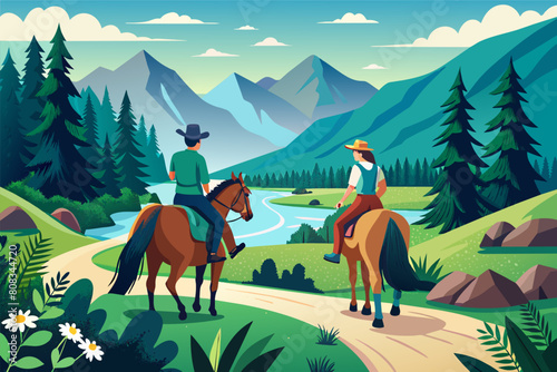 Illustration of two individuals riding horses in a vivid mountain landscape  with a river flowing through a valley  surrounded by pine trees and lush greenery under a bright sun.