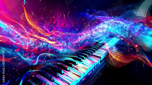 Futuristic Colorful melodic piano keys with abstract neon light photo