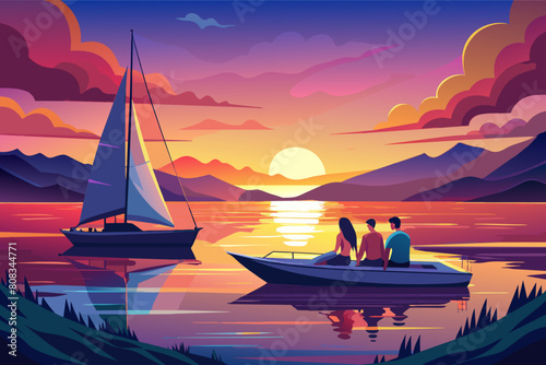 Illustration of a couple sitting in a sailboat on a lake at sunset, with a vibrant sky filled with shades of pink, purple, orange, surrounded by mountains and reeds, and birds flying in the distance.