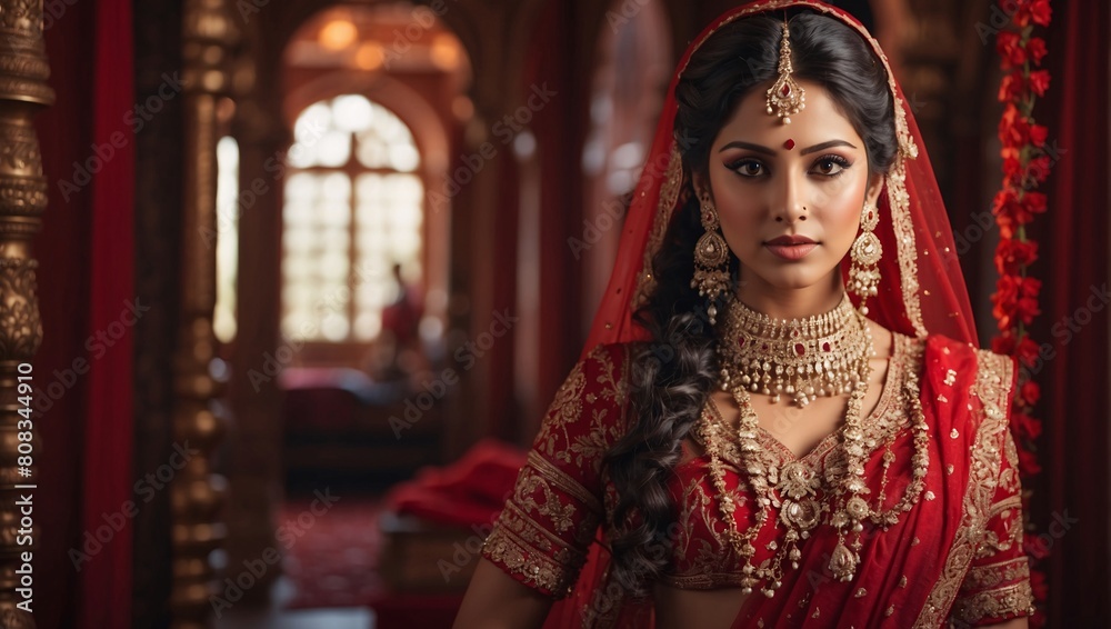 Indian bride, adorned in ornate golden adornments, dressed in vivid scarlet attire, emits sense of sophistication, charm, encapsulating allure and cultural richness of Orient. Red traditional saree