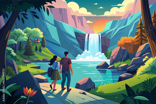 A couple hiking near a scenic waterfall with a view of mountains and a setting sun in the background, surrounded by lush green forest. photo
