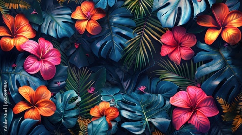 Beautiful tropical wallpaper with palm leaves juicy dark colorful