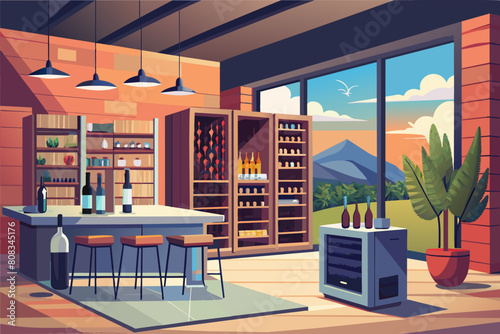 Illustration modern cafe interior with large windows showing a rural landscape. a central coffee bar with stools, shelves filled with various good