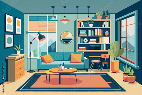 Illustration of a stylish living room with teal walls, a mustard sofa, a round coffee table, and large windows with a scenic view. The room is decorated with a bookshelf