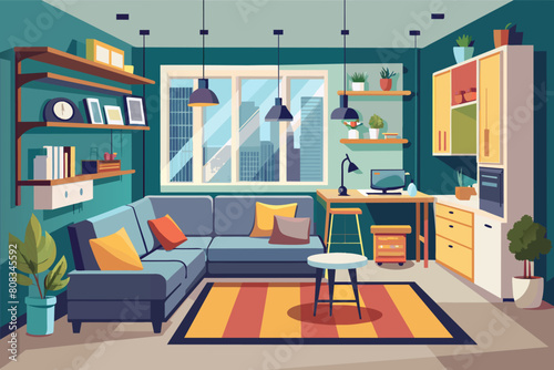 Illustration of a stylish living room with teal walls, a mustard sofa, a round coffee table, and large windows with a scenic view. The room is decorated with a bookshelf