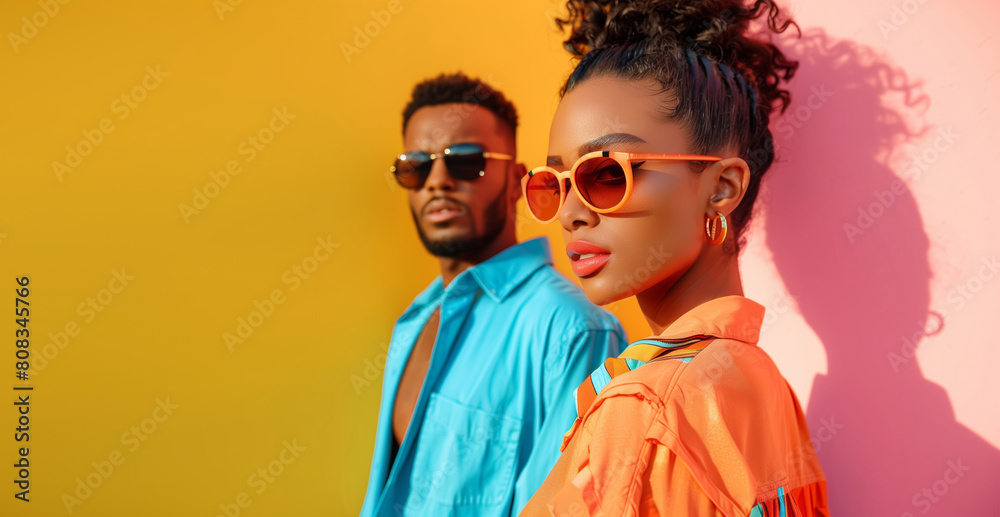 Portrait of stylish beautiful black woman and man, modern african young couple posing together