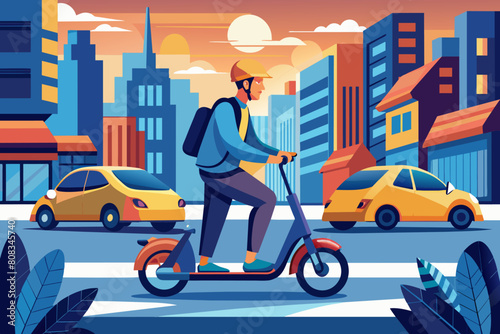 Illustration of man riding a blue scooter across a pedestrian crossing cityscape during the daytime. The background features stylized buildings and trees under a sunny sky with clouds