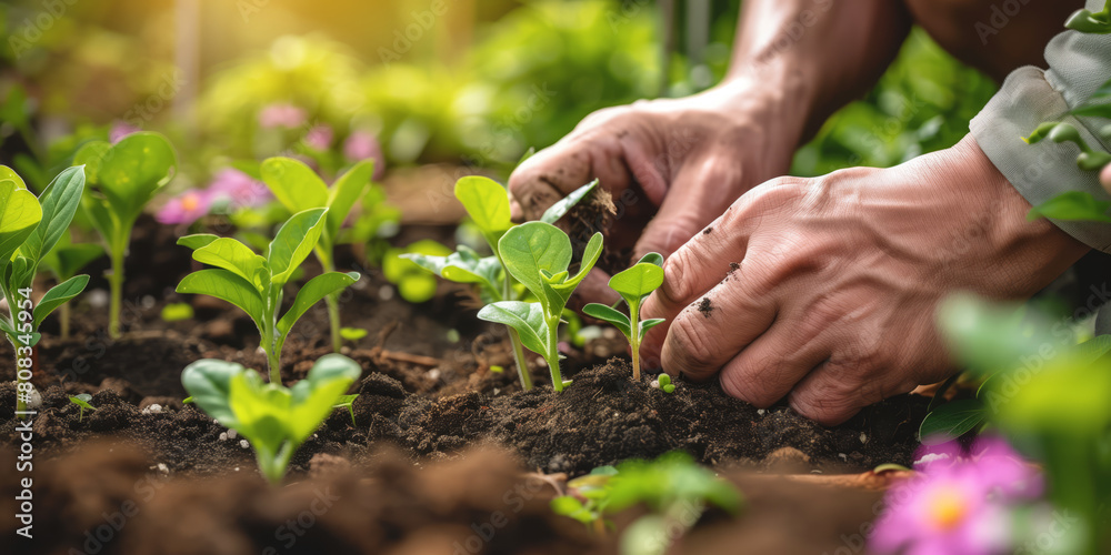 Fototapeta premium Hands nurturing young plants in a garden with sunlight filtering through