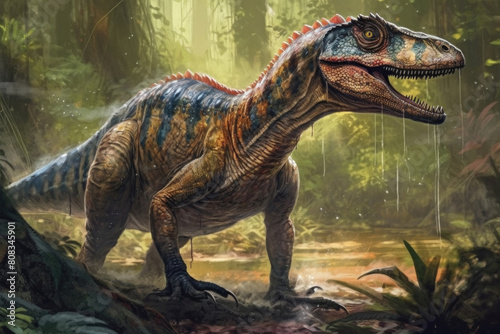 A large dinosaur is standing in the center of a dense forest  surrounded by trees and undergrowth