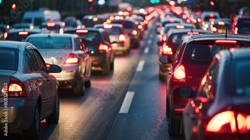 Evening traffic showing a sea of vehicles with tail lights on a busy city road, capturing the busy nature of urban life and transportation