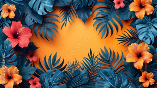 Modern illustration of summer sale banner background. Abstract fluid organic shape with tropical leaves and flowers. Best banner, flyer, invitation and website design.