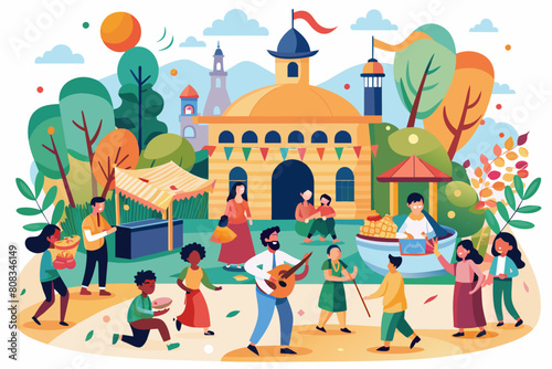 People paying music behind a temple and dancing in festive time illustration