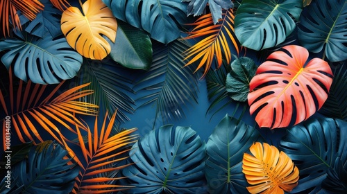 Beautiful tropical wallpaper with palm leaves juicy dark colorful