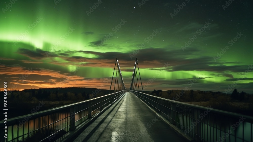 Stunning Aerial View of a Modern Bridge Under Northern Lights and Starry Sky