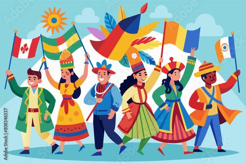group of people in traditional and ceremonial attire from various cultures, parading through a vibrant village with flags and decorative elements, set against a backdrop of mountains and a sunny sky.