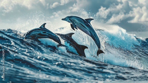 Three beautiful dolphins jumping over breaking waves. Hawaii Pacific Ocean wildlife scenery. Marine animals in natural habitat.