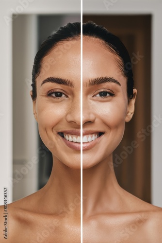 A woman with a smile on her face before and after, AI