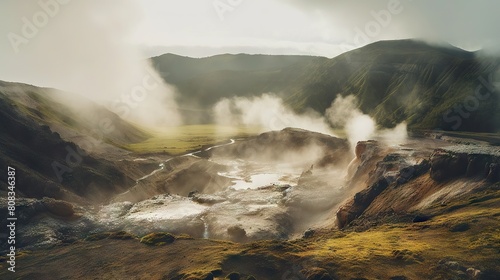 Dramatic View of a Lush Geothermal Area with Steaming Vents and Rugged Terrain photo