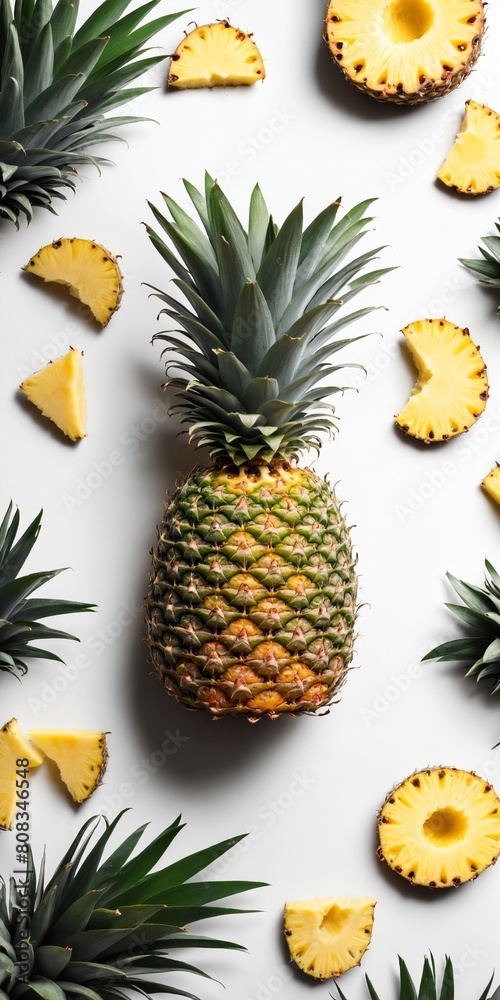 Pineapple fruits with crown on white. Food background. Top view Pineapple fruits with crown on white. Food background. Top view